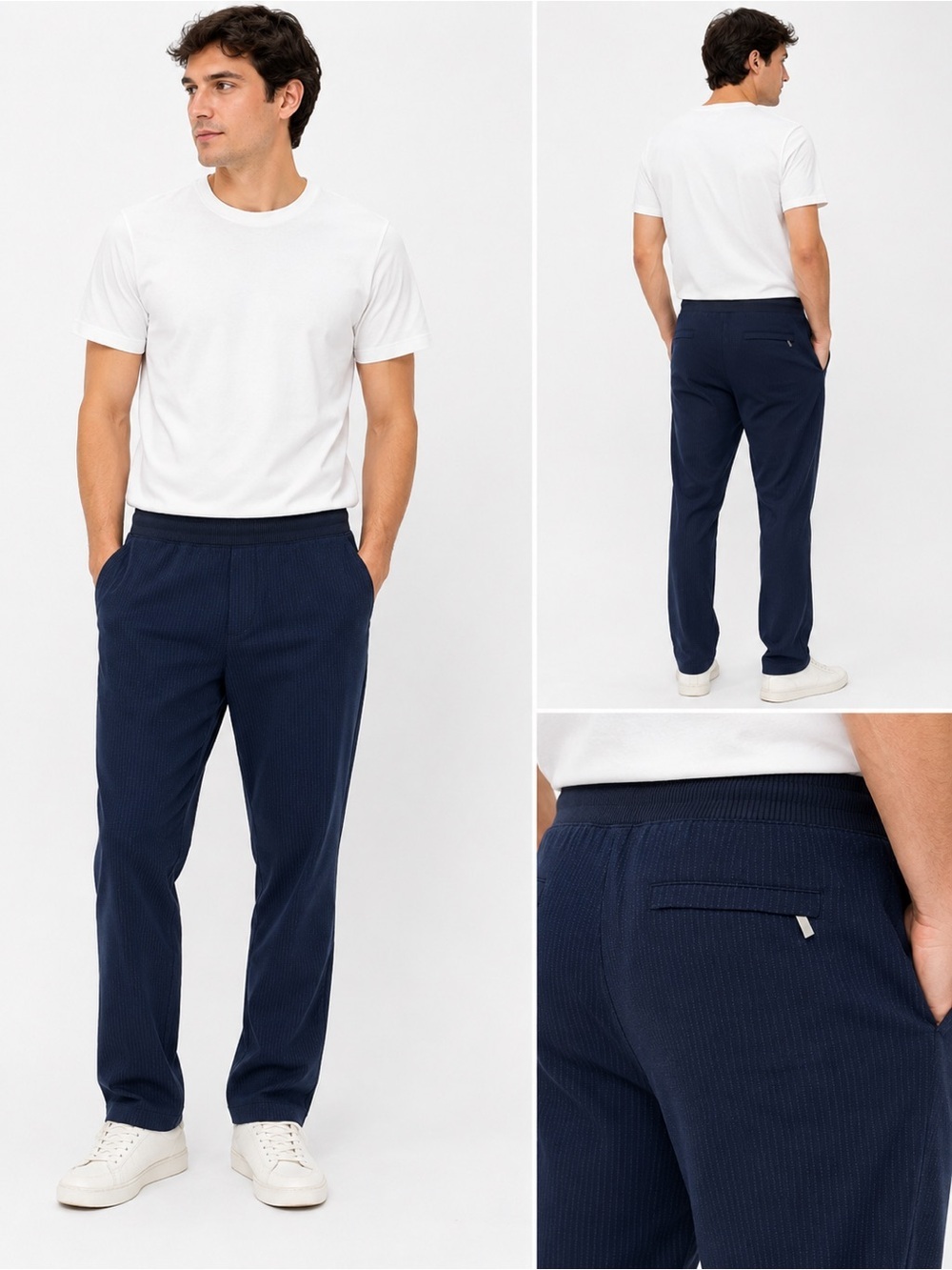 Perry Ellis Men’s Navy Pinstripe Pull-On Dress Pants | Elastic Waist